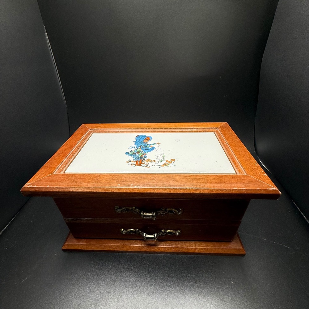 Vintage Wooden Jewelry Box Holly Hobbie Style Tile Inlay Mirror Drawer Organizer